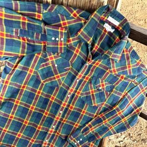 Vintage J.J. Cochran Western Shirt Men XL Pearl Snap Plaid 17-17.5 Long Sleeve